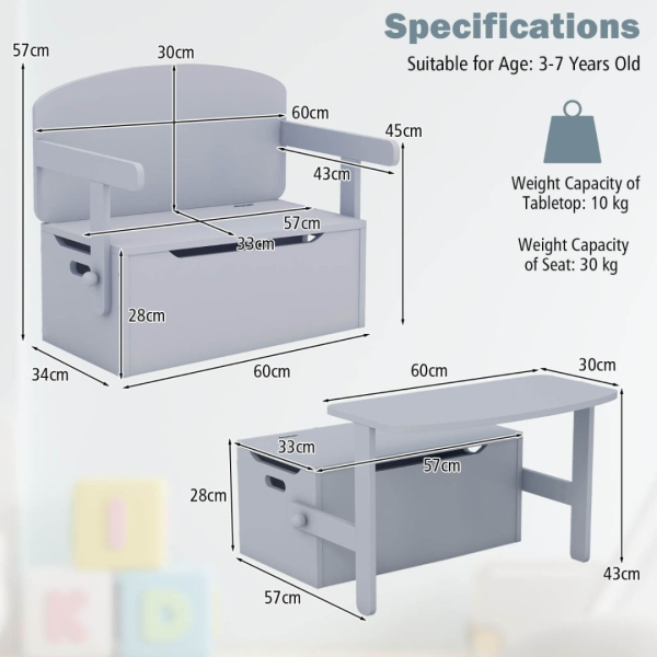 Kids Convertible Activity Bench Table with Toy Storage Box